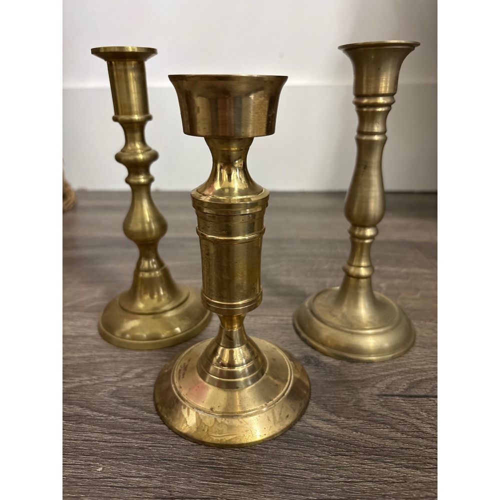 3 Vintage Solid Brass Candlesticks Holders Ornate‎ Elegant Taper Mid Century